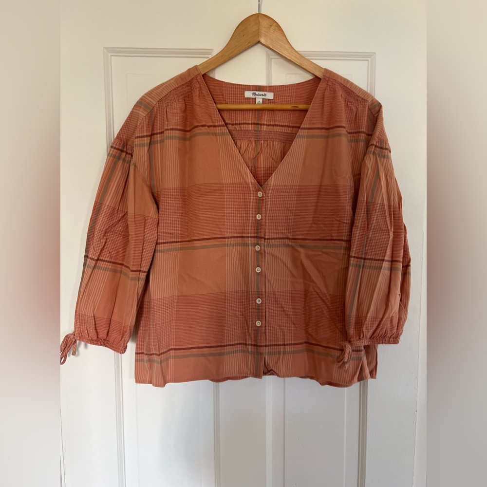 Madewell Plaid Button-Up Top in Rust and Green